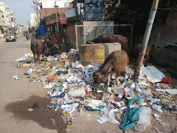 garbage stuck at circles in nizamabad - Sakshi