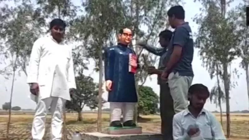 Vandalised Ambedkar Statue Rebuilt,Turns Saffron In Uttar Pradeshs Badaun - Sakshi