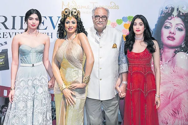 Boney Kapoor unveils Sridevi wax statue with daughters Janhvi kapoor - Sakshi