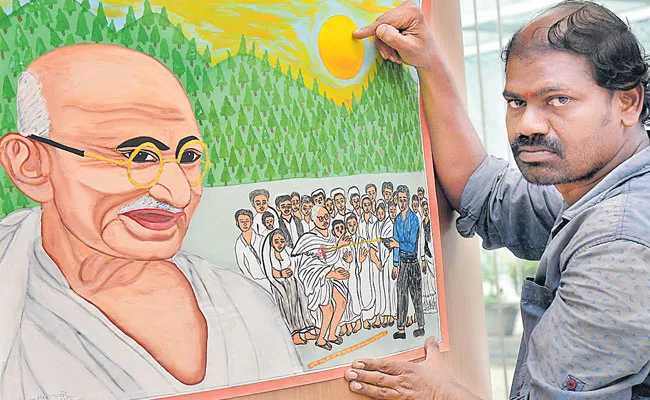 Shivakumar Paints Figures Of Prominent Politicians With Oil Paints - Sakshi