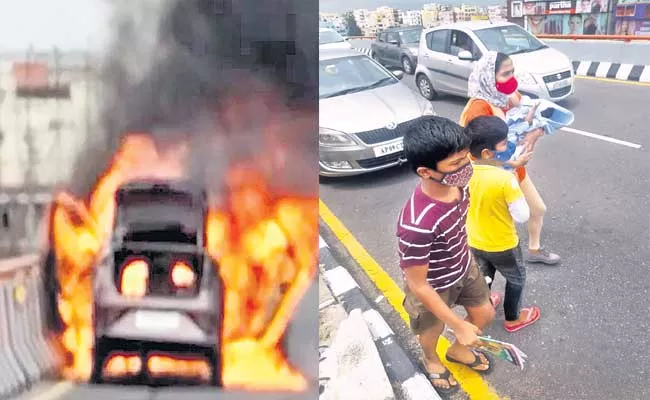 Hyderabad : Youth Pulls Woman, Kids From Burning Car At Expressway - Sakshi