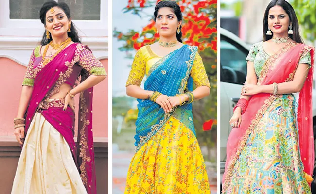 Traditional Half Saree Latest Designs: Floral Print, Maggam Work, Kalamkari Silk - Sakshi