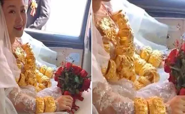 Bride Wears 60 kg Gold Necklace Gifted By Husband On Wedding At China - Sakshi