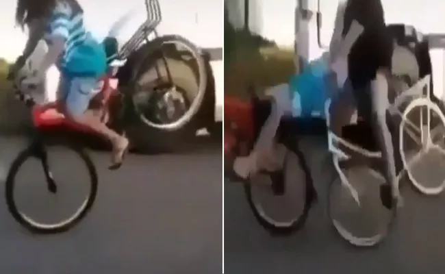 Viral Video Of Girl Super Stunt On Bicycle But Boy Spoiled It - Sakshi