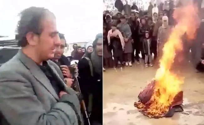Taliban Men Laugh, Burn Instrument as Afghan Musician Weeps - Sakshi
