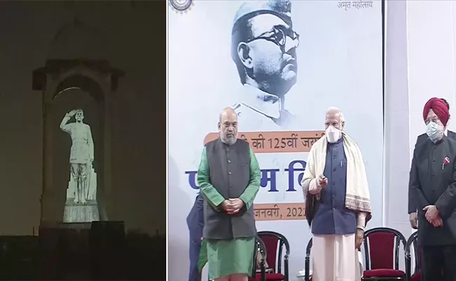 PM Modi Inaugurates Hologram Statue Of Netaji Subhas Chandra Bose India Gate - Sakshi