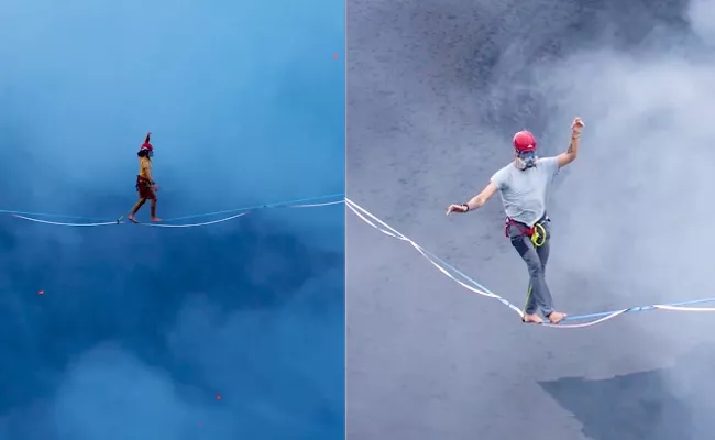 Slackline Walk Over Active Volcano Guinness World Record Video - Sakshi