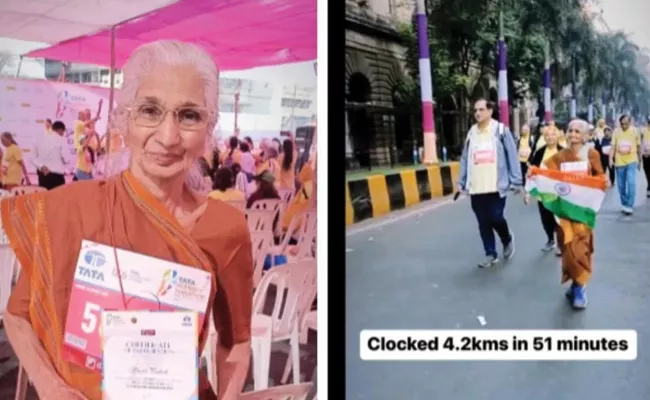 80 Year Old Lady Runs Mumbai Marathon In Saree Video Viral - Sakshi