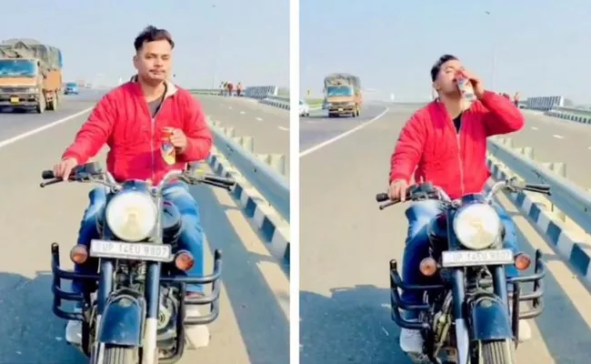 Man Drinking Beer While Driving Bike Up Police Rs 31000 Challan - Sakshi