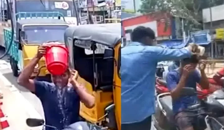 Young Man Bath On Road Over Heavy Heat