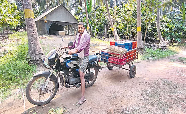 Farmer From East Godavari District Invented Bike Trolley To Reduce Labor Cost  - Sakshi