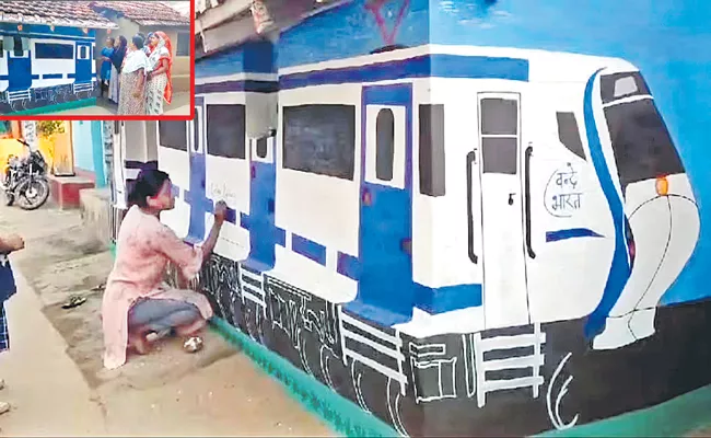 Tribal women Purnima Murmu creates house to vande bharat express train art - Sakshi