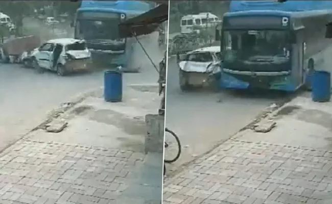 Shocking video DTC bus rams into car parked vehicles one dead - Sakshi
