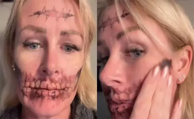 Scary Tattoo on her Face for Halloween but Difficult to Remove - Sakshi