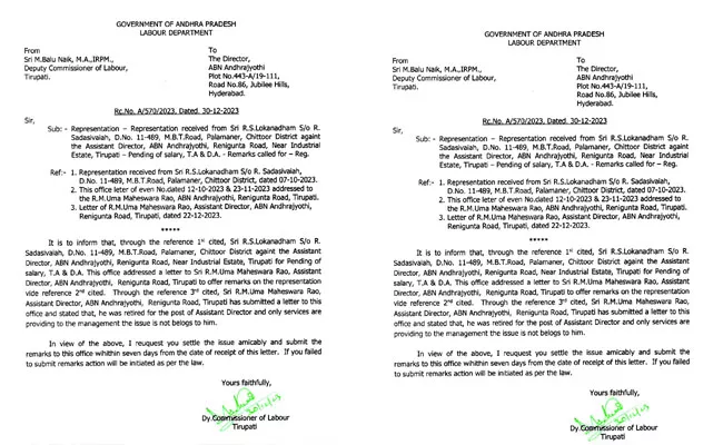 Labor Department notice to Andhra Jyoti Director - Sakshi