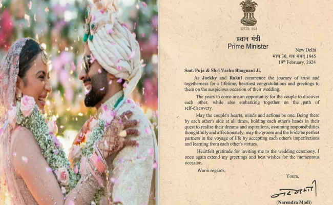 Stars Rakul Pree Jackky Bhagnani wedding PM Modi wishses and letter goes viral - Sakshi