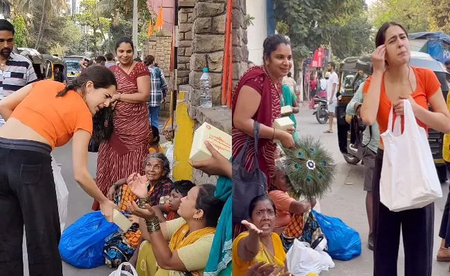 Sara Ali Khan Distributes Food Outside Temple - Sakshi
