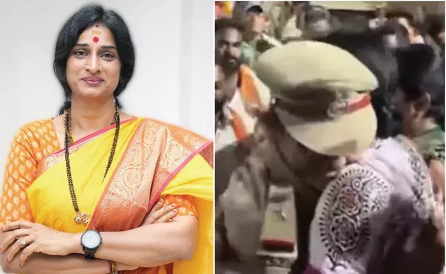 Hyderabad woman cop suspended for hugging BJP candidate  Madhavi Latha - Sakshi