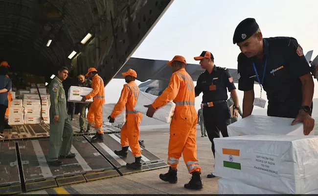 India Sent Medical Aid And Disaster Relief Material To Gaza  - Sakshi