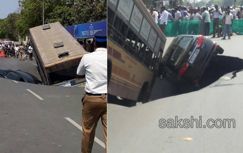 Huge cave in on popular Mount Road in Chennai swallows bus and car - Sakshi7