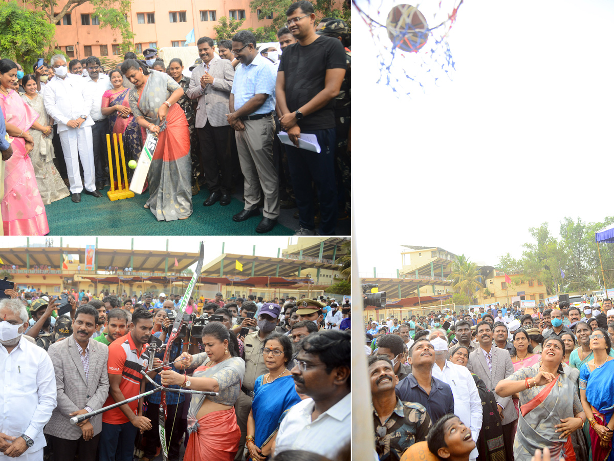 Minister Roja Playing Basket Ball Cricket and Archery game In Vijayawada Corporate Ground photo Gallery - Sakshi1