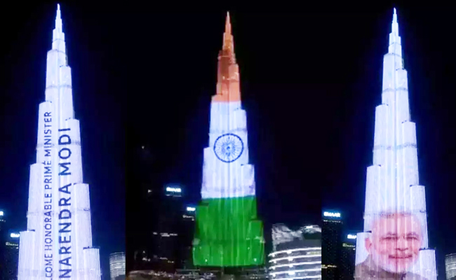 Burj Khalifa Lit Up With Indian Tricolour And Modis Name - Sakshi1