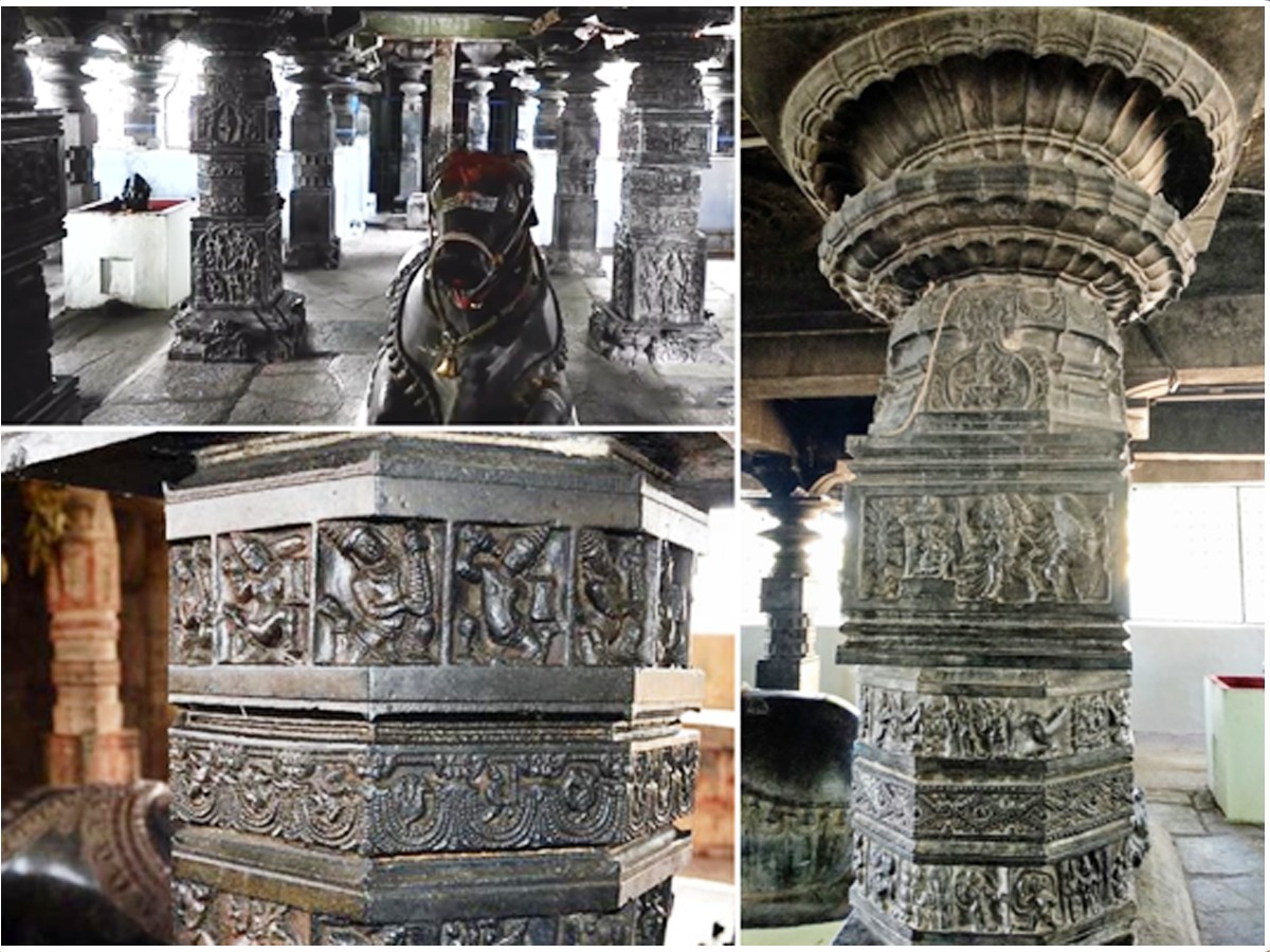 18. Sculpture Of Nandi And Pillars Within The Temple - Sakshi20