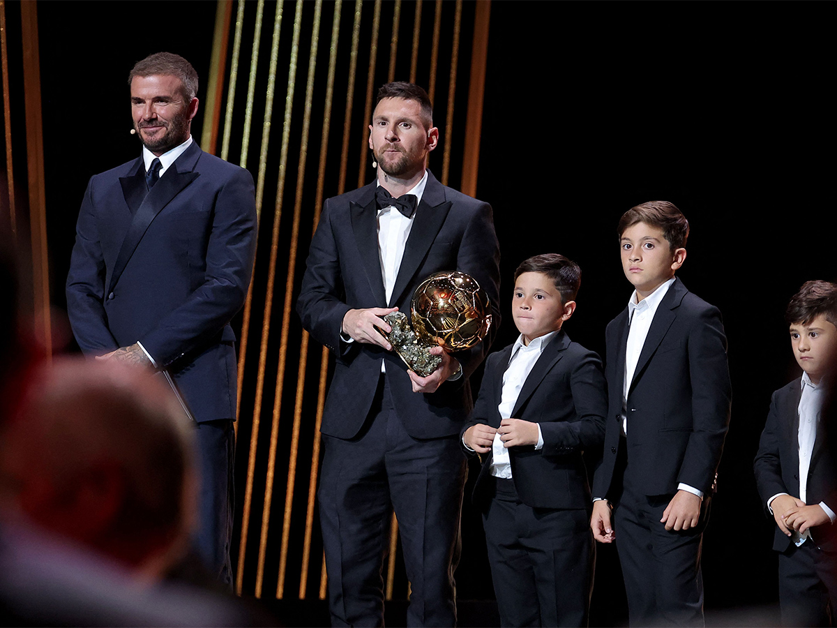 Lionel Messi poses prior to the 2023 Ballon dOr France Football award ceremony - Sakshi10