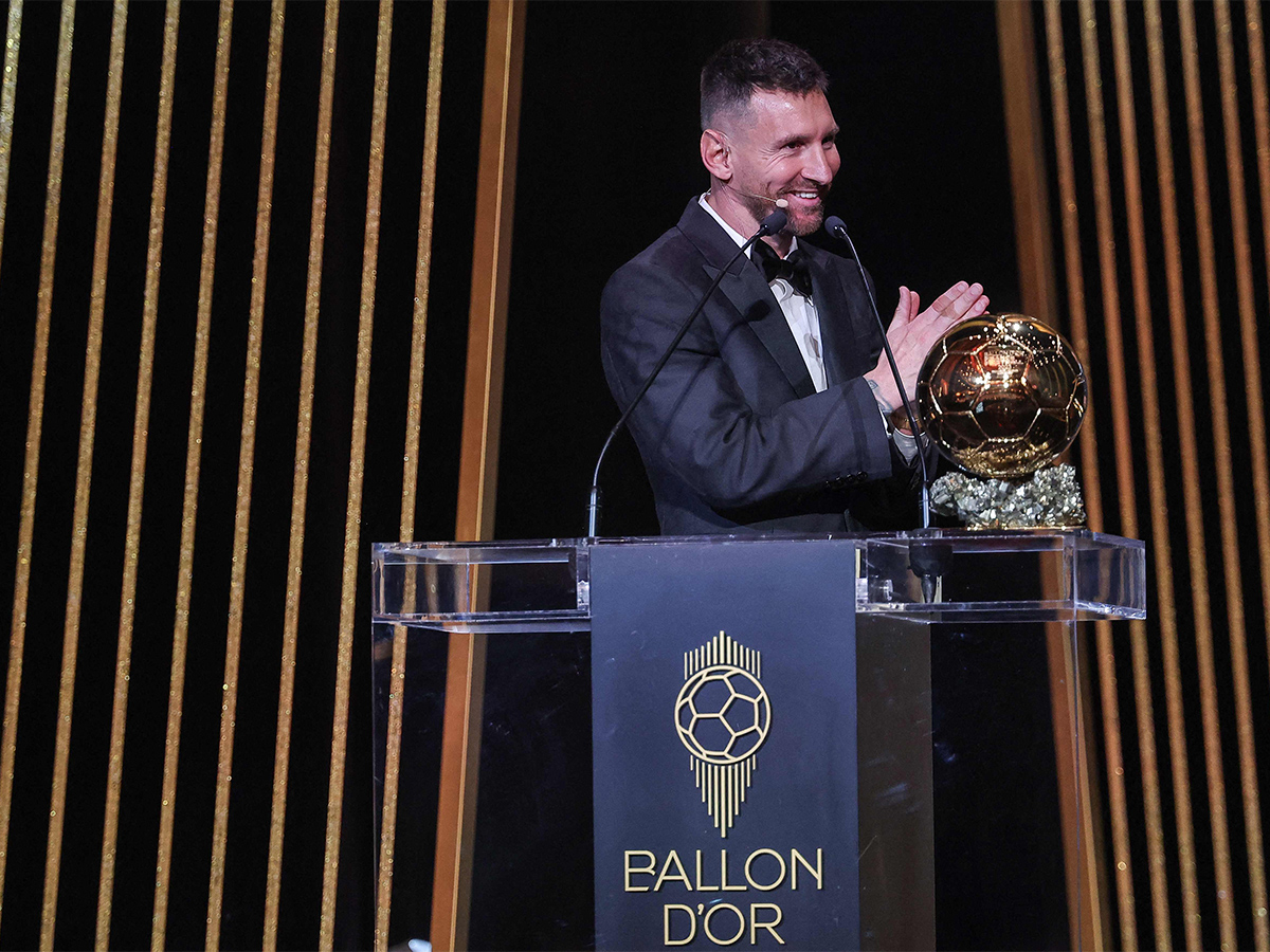 Lionel Messi poses prior to the 2023 Ballon dOr France Football award ceremony - Sakshi16