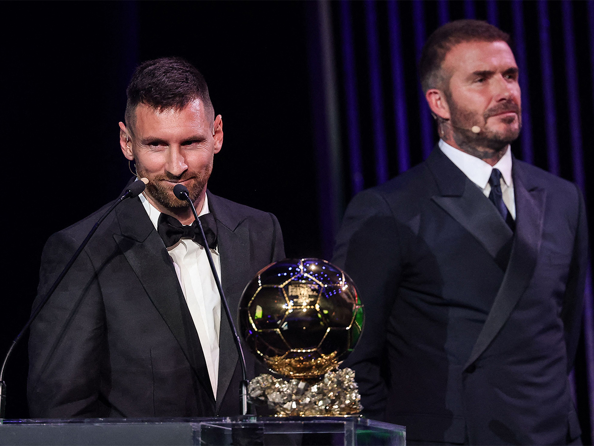 Lionel Messi poses prior to the 2023 Ballon dOr France Football award ceremony - Sakshi4