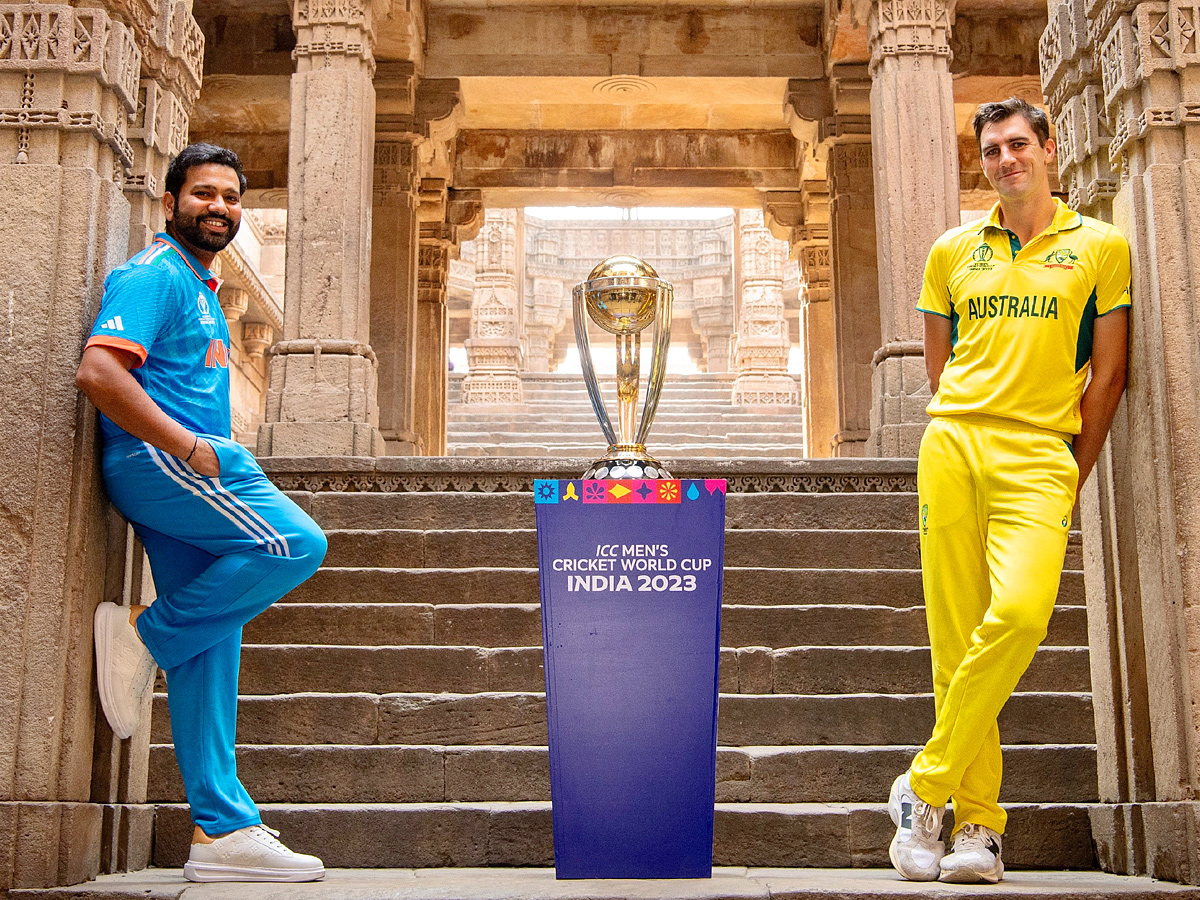 Captains Rohit Sharma and Pat Cummins with the trophy ahead of 2023 World Cup final Photos - Sakshi2