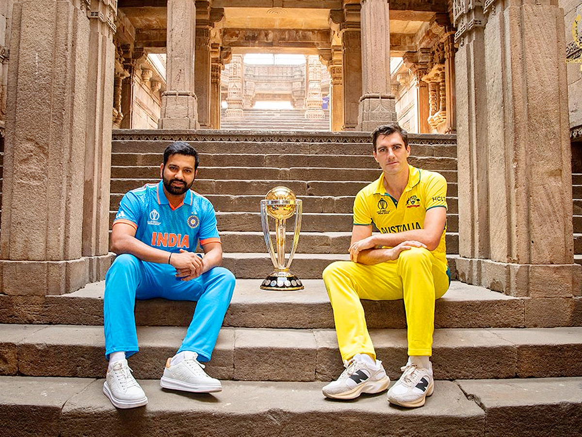 Captains Rohit Sharma and Pat Cummins with the trophy ahead of 2023 World Cup final Photos - Sakshi4