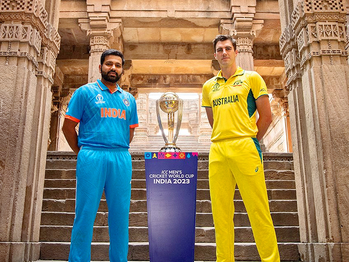 Captains Rohit Sharma and Pat Cummins with the trophy ahead of 2023 World Cup final Photos - Sakshi5