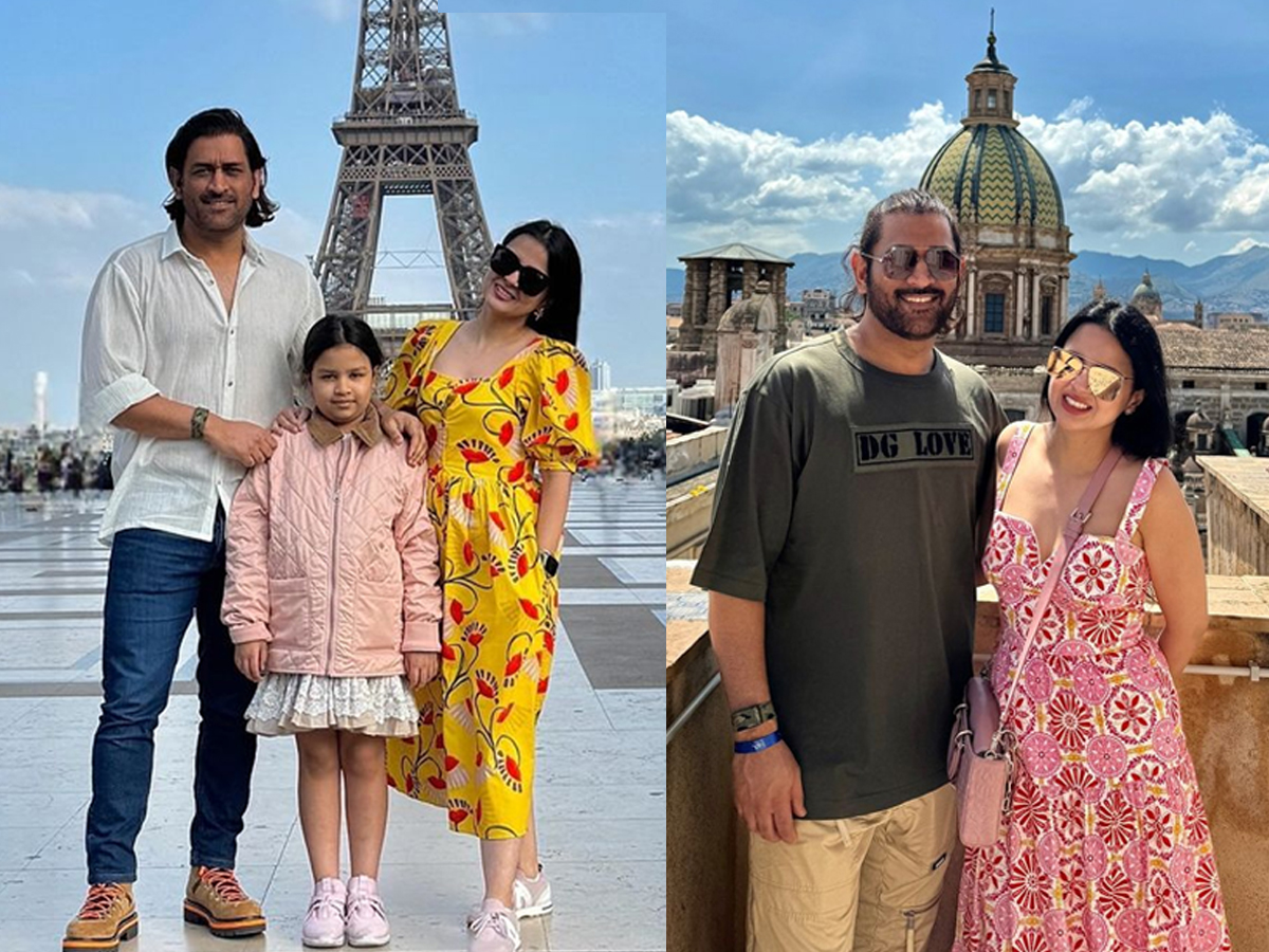 MS Dhoni With Wife Sakshi Daughter Ziva Stylish Parisian Outing Viral Pics1