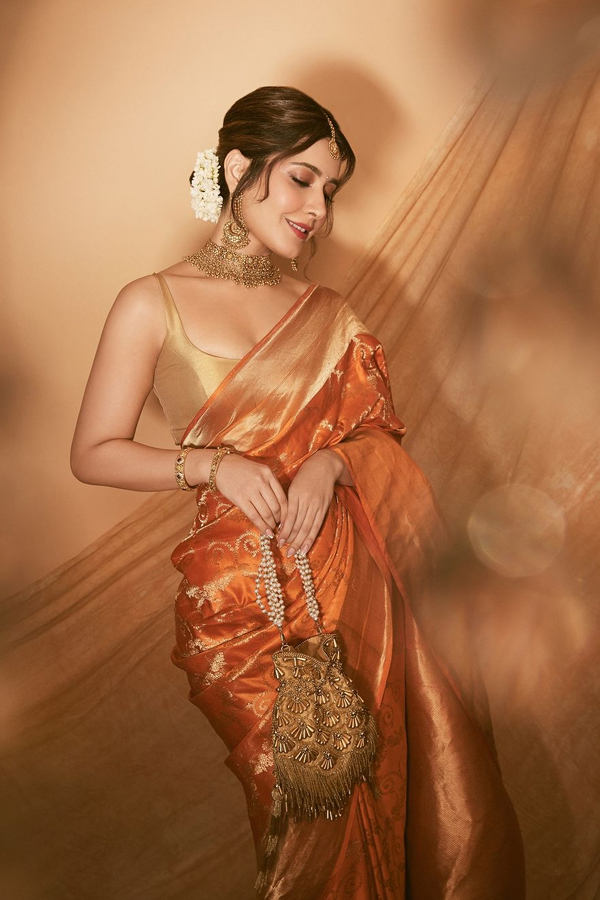 Tollywood Beauty Raasii Khanna In Classic Gold Banarasi Saree Photos Viral7