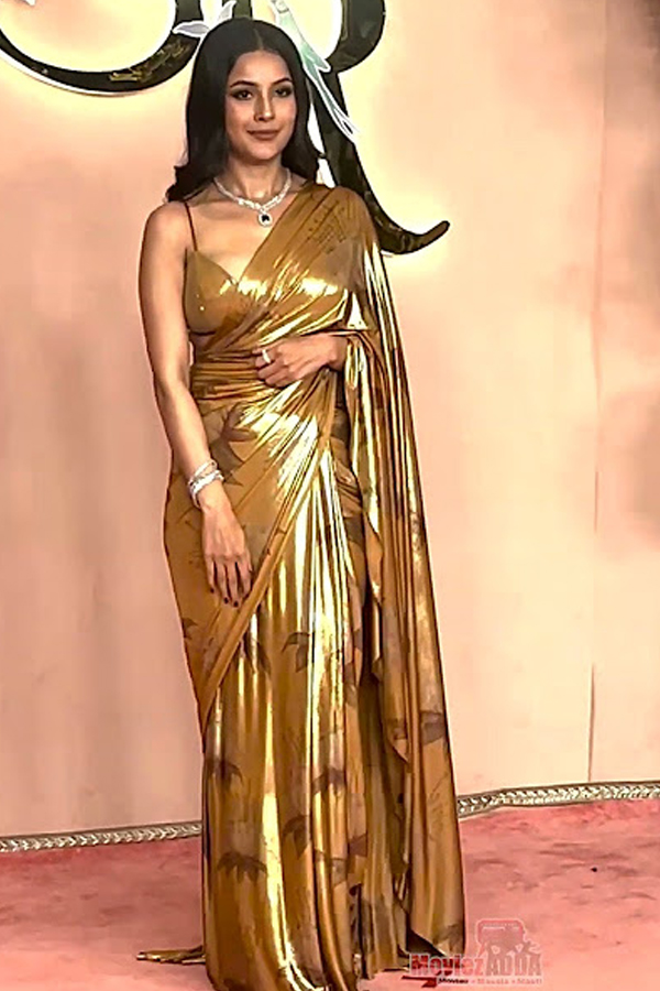 Actress Shehnaaz Kaur Gill Stunning Looks In Golden Color Saree11