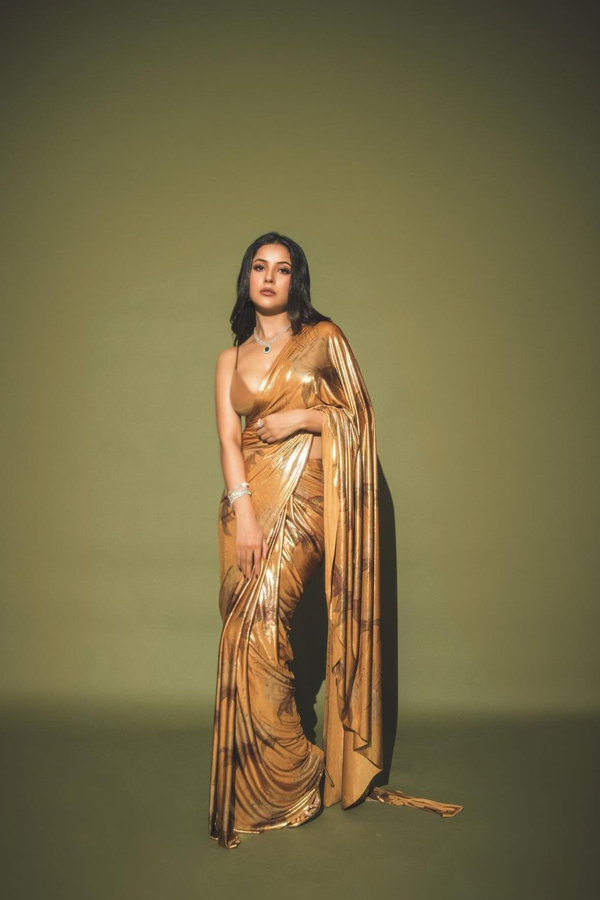 Actress Shehnaaz Kaur Gill Stunning Looks In Golden Color Saree5