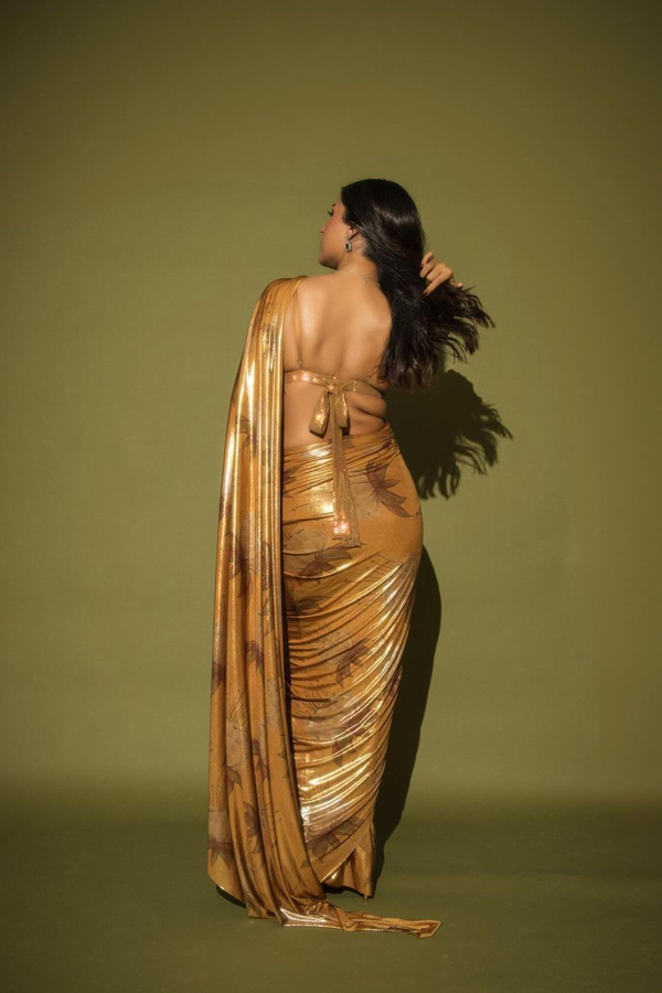 Actress Shehnaaz Kaur Gill Stunning Looks In Golden Color Saree6