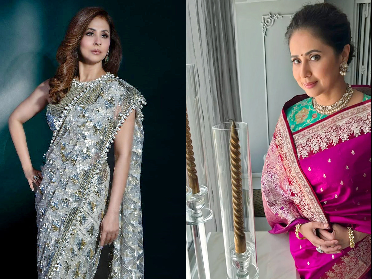 Urmila Matondkar Draped Silver Sequin And Kanjeevaram Sarees Photos1