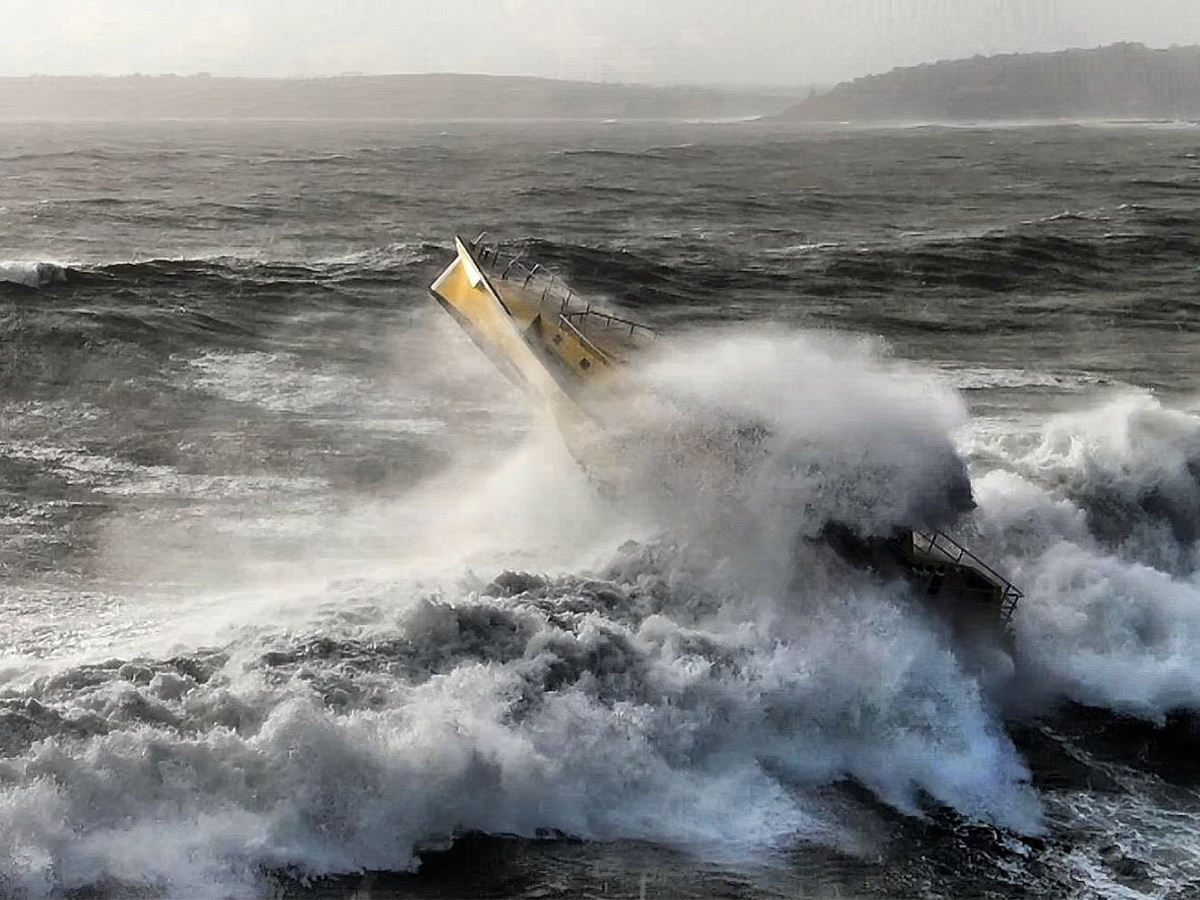 Twin hull hydrofoiling catamaran smashes big wave storm17