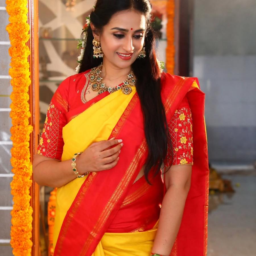 Actress Layagorty Favourite Yellow And Red Saree Look7