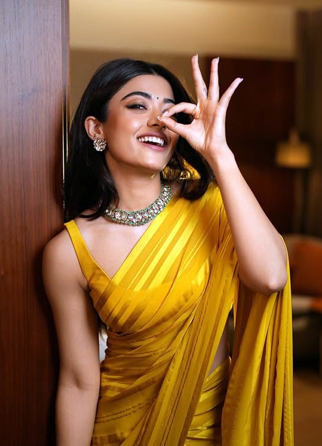 Rashmika Mandanna shines in a chemanti colored saree at the pushap2 event in kochi2