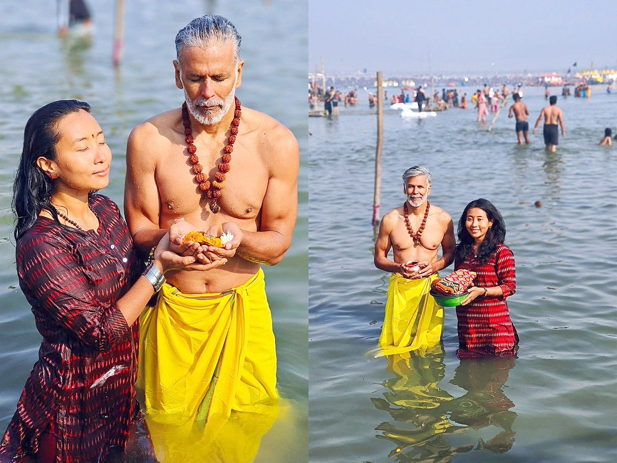 Milind Soman takes holy dip with wife Ankita Konwar at Maha Kumbh Mela Photos1