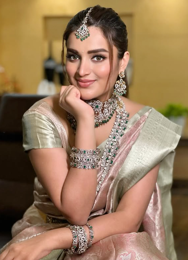 Nidhhi Agerwal shines like gold in gold jewellery9