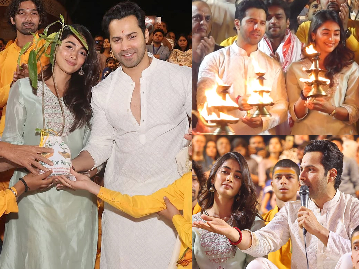 Varun Dhawan, Pooja Hegde perform Aarti in Rishikesh Photos1