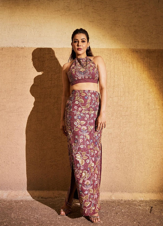 Tollywood Dynamic Actress Kajal Aggarwal Stunning Photos In Maroon Floral Print Dress