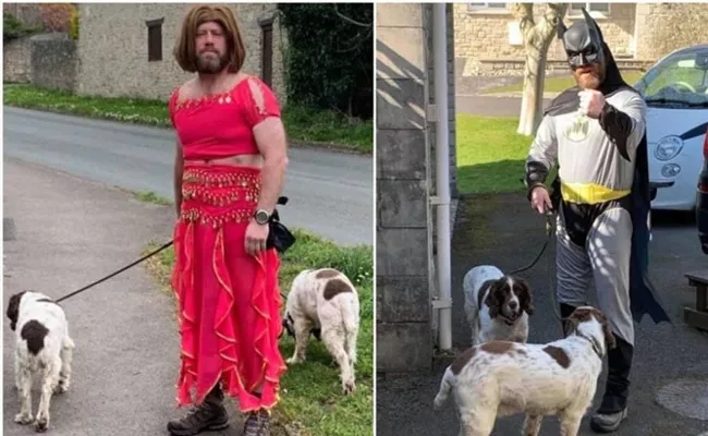 UK Man wears Different Costumes To Walk His Dogs Cheer Neighbours - Sakshi
