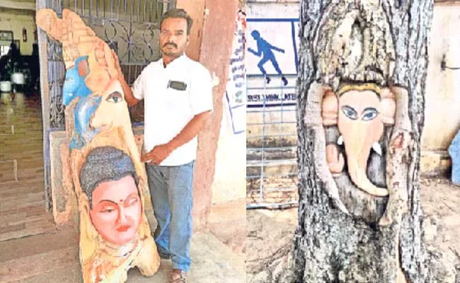 Srikakulam Arts Teacher Gorle Durga Rao Sculpture On Trees - Sakshi
