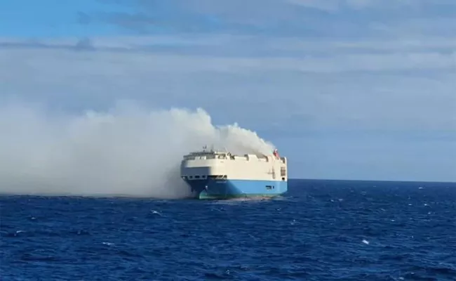 Vehicles Carrier Ship Burning On The North Atlantic Ocean  - Sakshi