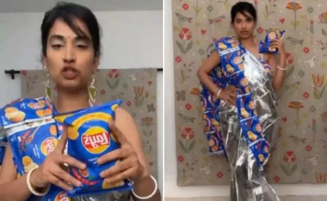 Viral Video: Women Made Blue Lays Pcket Wrapper Saree - Sakshi